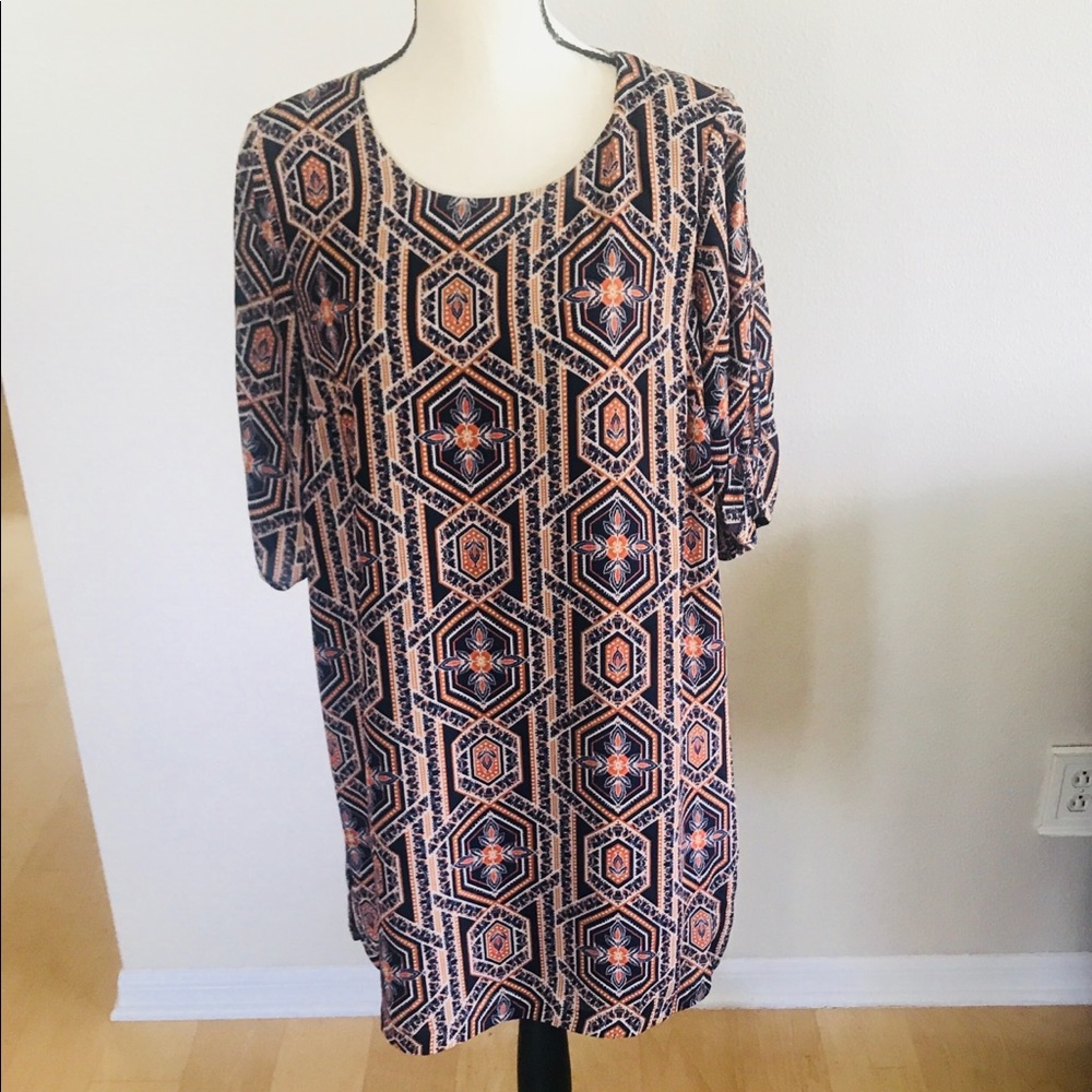 Navy dark tan aztec pattern tunic dress